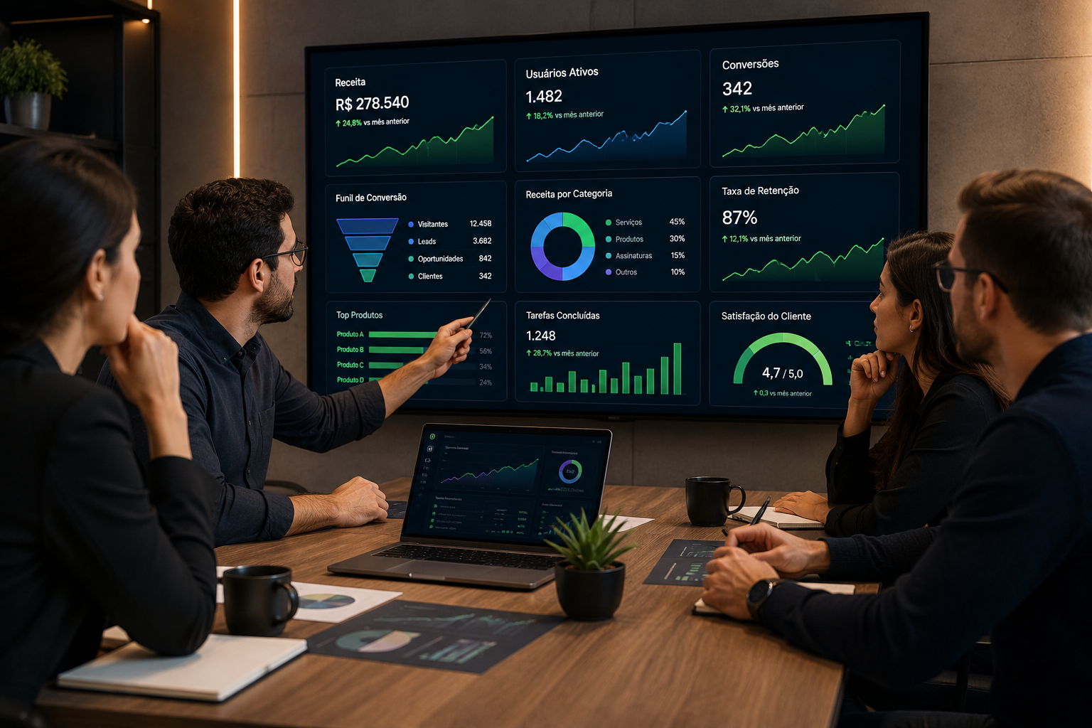 Equipe analisando métricas e estratégia
